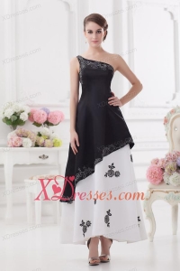 A-line One Shoulder Embroidery Black and White Ankle-length Prom Dress