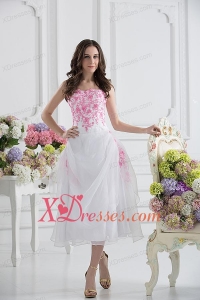 A-line Strapless White Organza Tea-length Prom Dress with Appliques