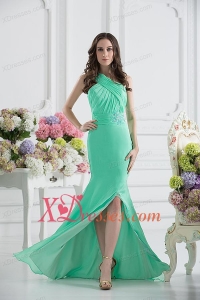 Apple Green Column One Shoulder Prom Dress with Ruching and Beading