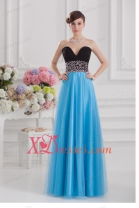 Aqua Blue and Black Empire Sweetheart Tulle Prom Dress with Beading