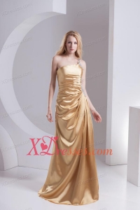 Column One Shoulder Taffeta Beading Ruching Gold Prom Dress