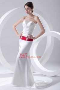 Column Ruchings Belt Beading White Brush Train Dress for Prom