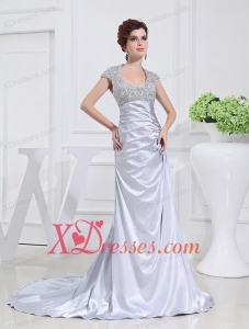 Column Square Court Train Appliques Beading Taffeta White Prom Dress