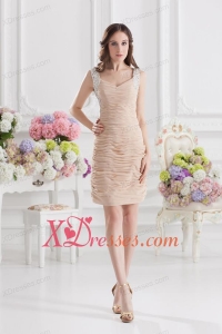 Column Straps Chiffon Prom Dress with Ruching and Beading