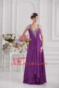 Eggplant Purple Empire V-neck Criss-cross Prom Dress with Beading