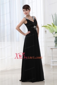 Empire Chiffon Floor-length V-neck Black Beading And Ruching Prom Dress