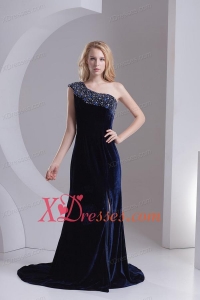 Empire One Shoulder Black Beading Zipper-up Prom Dress
