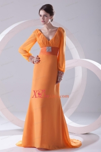 Empire Orange V-neck Long Sleeves Prom Dress with Beading Ruching