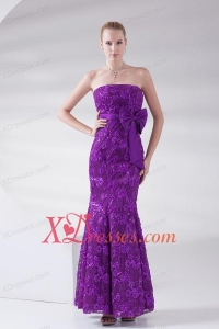 Mermaid Eggplant Purple Strapless Lace Sashes Ankle-length Prom Dress