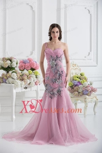 Mermaid One Shoulder Mermaid Appliques Ruching Pink Prom Dress