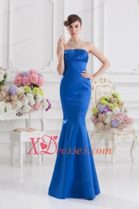 Mermaid Strapless Blue Prom Dress with Ruching and Beading