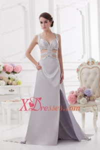 Straps High Slit Criss Cross Watteau Train Prom Dress in Light Grey
