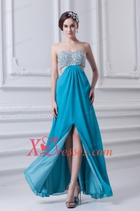 Sweetheart Deep Sky Blue Chiffon Prom Dress with Beading