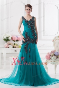 Turquoise Column Court Train Tulle Prom Dress with Ruching and Appliques