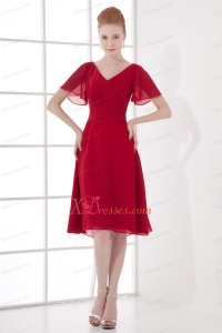 Wine Red Empire Ruching V-neck Short Sleeves Prom Dress