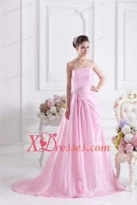 Baby Pink A-line Court Train Strapless Ruching Prom Dress