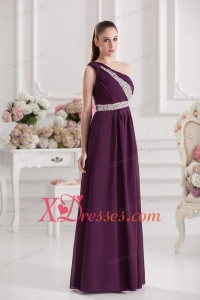 Empire One Shoulder Floor-length Beading Ruching Purple Prom Dress
