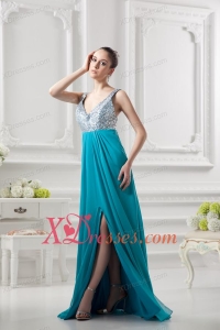 Empire Straps High Slit Pailette Teal Chiffon Prom Dress