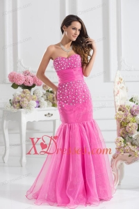 Mermaid Sweetheart Beading Floor-length Organza Hot Pink Prom Dress