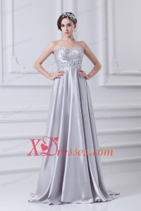 Silver A-line Sweetheart Taffeta Beading Brush Train Prom Dress