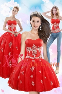 2021 Exquisite Strapless Red Quince Dresses With Appliques