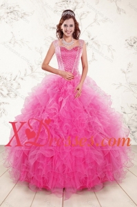 Popular 2021 Sweetheart Hot Pink Quince Gown with Beading and Ruffles