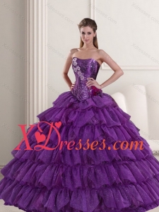 2021 Affordable Purple Quinceanera Dress with Ruffled Layers and Beading