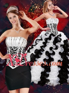 2021 Cute Strapless White and Black Quince Dresses with Beading and Ruffles