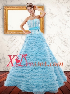 2021 Light Blue Strapless Quinceanera Dresses with Beading and Ruffled Layers