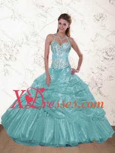 The Super Hot Halter Top Beading and Ruffles Dresses for Quince in Aqua Blue