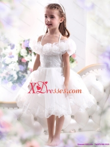 Comfortable White Halter Top Little Girl Pageant Dresses with Hand Made Flower