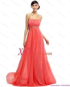 Watermelon Beading Long Prom Dresses with Ruching and Sweep Train