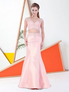 Baby Pink Satin Zipper Prom Dresses Sleeveless Floor Length Beading