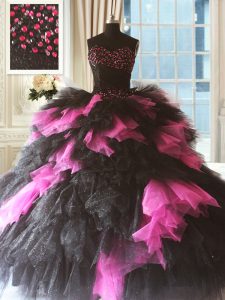 Pink And Black Sweetheart Lace Up Beading and Ruffles Quinceanera Gowns Sleeveless