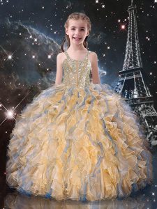 Sleeveless Floor Length Beading and Ruffles Lace Up Pageant Gowns For Girls with Champagne