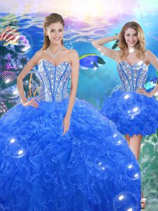 Royal Blue Organza Lace Up Quinceanera Dresses Sleeveless Floor Length Beading and Ruffles