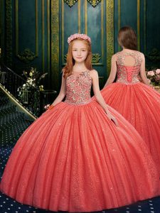 High Quality Ball Gowns Toddler Flower Girl Dress Watermelon Red Scoop Tulle Sleeveless Floor Length Lace Up