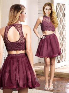 Fine Mini Length Two Pieces Sleeveless Burgundy Prom Party Dress Zipper