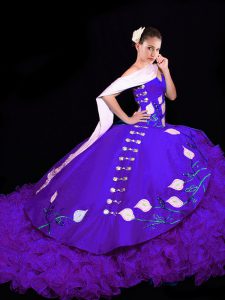 Purple Quince Ball Gowns Organza Brush Train Sleeveless Embroidery and Ruffles
