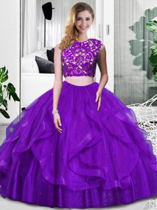 Glittering Scoop Sleeveless Zipper Quince Ball Gowns Purple Tulle