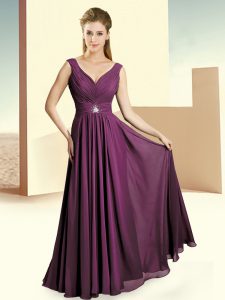 V-neck Sleeveless Chiffon Quinceanera Court of Honor Dress Beading and Ruching Zipper