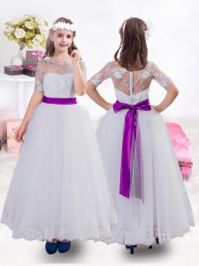 Pink And White Short Sleeves Lace and Bowknot Ankle Length Flower Girl Dresses for Less