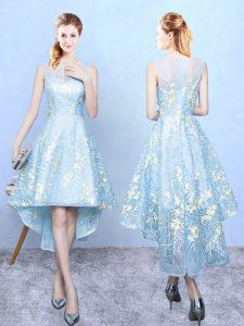 Embroidery Bridesmaids Dress Aqua Blue Zipper Sleeveless High Low