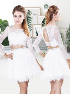 White Two Pieces Beading and Lace Prom Dress Zipper Lace Long Sleeves Mini Length