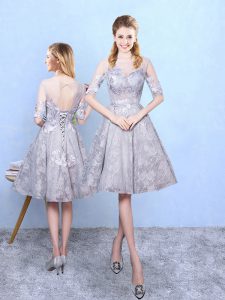 Grey A-line Printed Scoop Half Sleeves Appliques Knee Length Lace Up Bridesmaid Gown