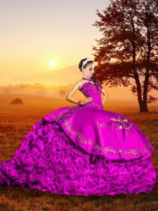 Lace Up Quinceanera Gown Fuchsia for Military Ball and Sweet 16 and Quinceanera with Embroidery and Ruffles Brush Train