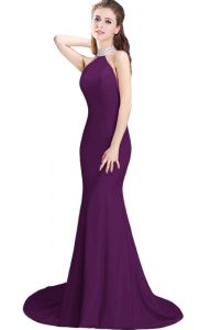 High Class Purple Elastic Woven Satin Side Zipper Prom Party Dress Sleeveless Brush Train Beading