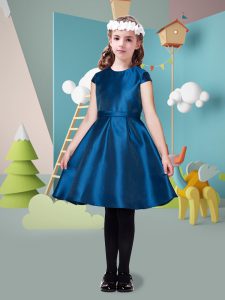 Luxury Navy Blue Satin Zipper Scoop Sleeveless Knee Length Flower Girl Dresses for Less Belt