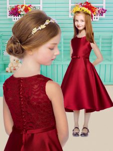 Wine Red A-line Satin Scoop Sleeveless Lace and Bowknot Tea Length Clasp Handle Flower Girl Dress