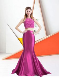 Satin Bateau Sleeveless Zipper Lace Prom Dresses in Fuchsia